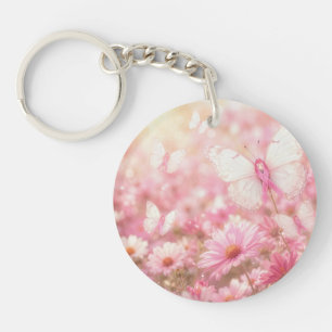 Pink Ribbon Butterflies in Garden Key Ring