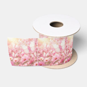 Pink Ribbon Butterflies in Garden Satin Ribbon