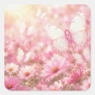 Pink Ribbon Butterflies in Garden Square Sticker