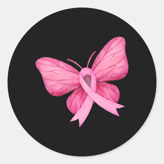 Pink Ribbon Butterfly Breast Cancer Awareness Classic Round Sticker (Front)