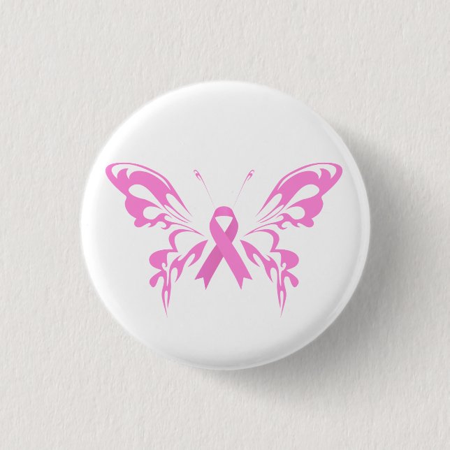 Pink Ribbon Butterfly Breast Cancer | Pin Button (Front)