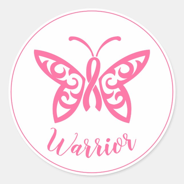 Pink Ribbon Butterfly Breast Cancer Warrior Classic Round Sticker (Front)