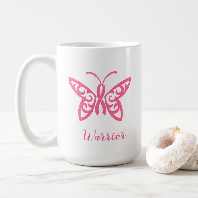 Pink Ribbon Butterfly Breast Cancer Warrior Coffee Mug (With Donut)