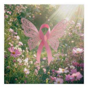 Pink Ribbon Butterfly in a Garden Poster