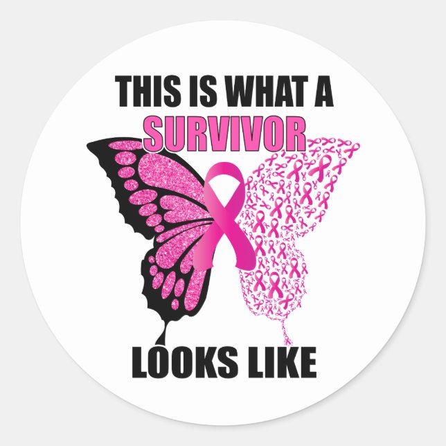 Pink Ribbon Butterfly Survivor Breast Cancer Classic Round Sticker (Front)