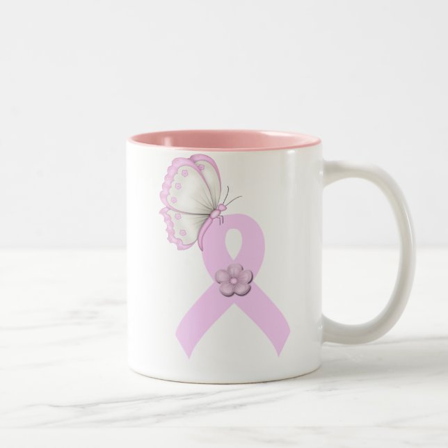 Pink Ribbon Butterfly Two-Tone Coffee Mug (Right)