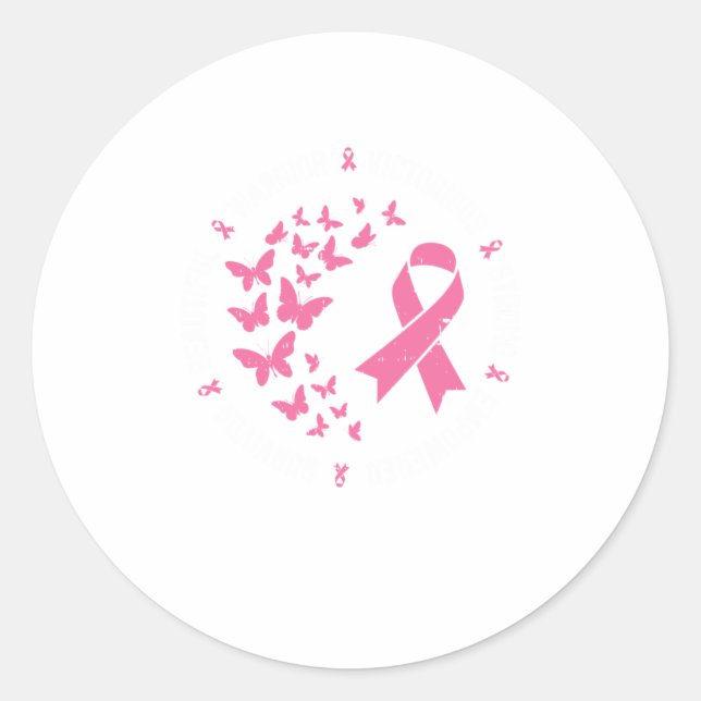 Pink Ribbon Butterfly Warrior Cute Breast Cancer Classic Round Sticker (Front)