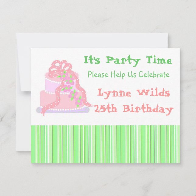 Pink Ribbon Cake Birthday Invitation (Front)