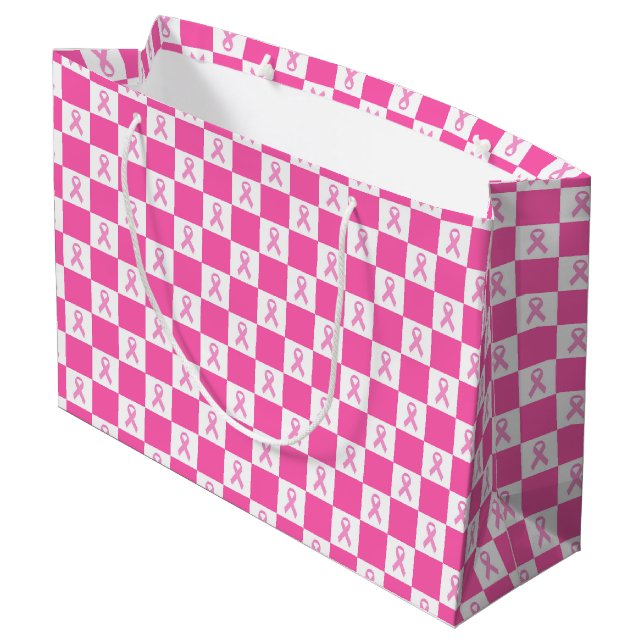 Pink Ribbon Chequerboard – Breast Cancer Awareness Large Gift Bag (Back Angled)