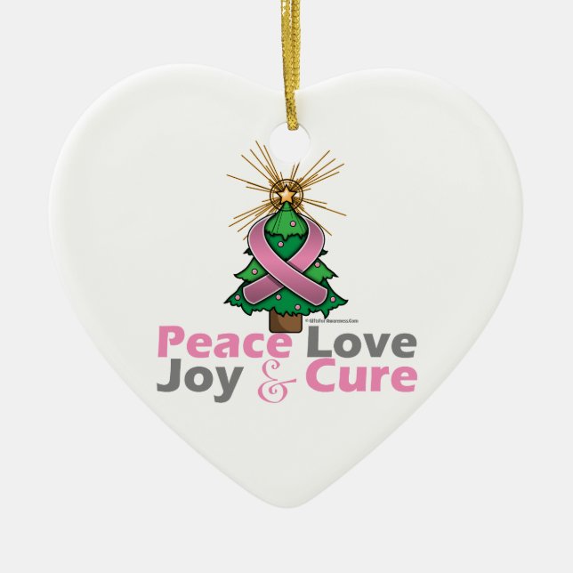 Pink Ribbon Christmas Peace Love, Joy & Cure Ceramic Tree Decoration (Front)