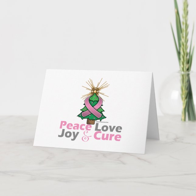 Pink Ribbon Christmas Peace Love, Joy & Cure Holiday Card (Front)