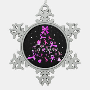 Pink Ribbon Christmas Tree Snowflake Pewter Christmas Ornament
