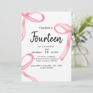 Pink Ribbon Coquette Fancy Bow 14th Girl Birthday Invitation
