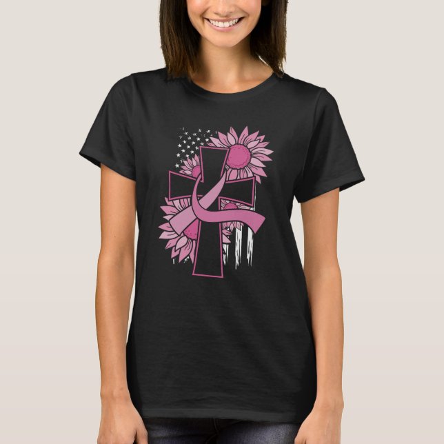 Pink Ribbon Cross Sunflower Breast Cancer Faith T-Shirt (Front)