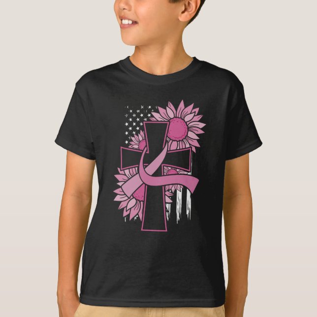 Pink Ribbon Cross Sunflower Breast Cancer Faith T-Shirt (Front)