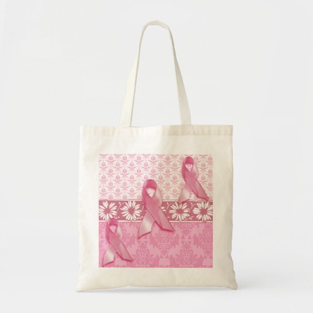 Pink Ribbon Daisy Damask Breast Cancer Tote Bag (Front)