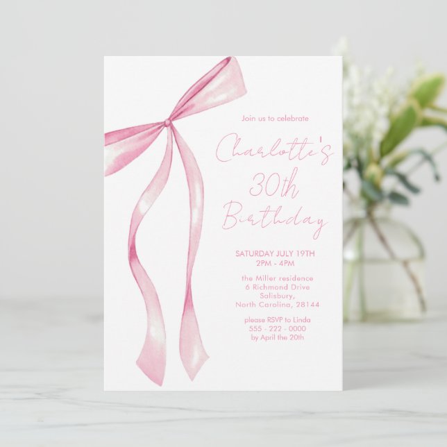 Pink Ribbon Elegant 30th Birthday Invitation (Standing Front)