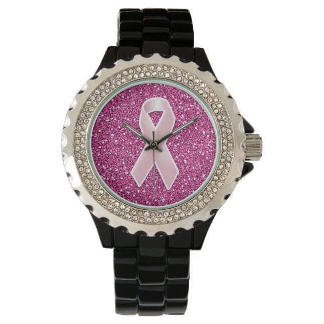 Pink Ribbon & Faux Glitter Watch (Front)
