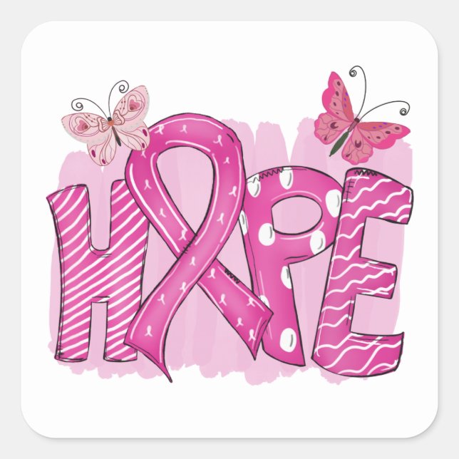 Pink Ribbon Fighter Butterfly Hope Breast Cancer Square Sticker (Front)