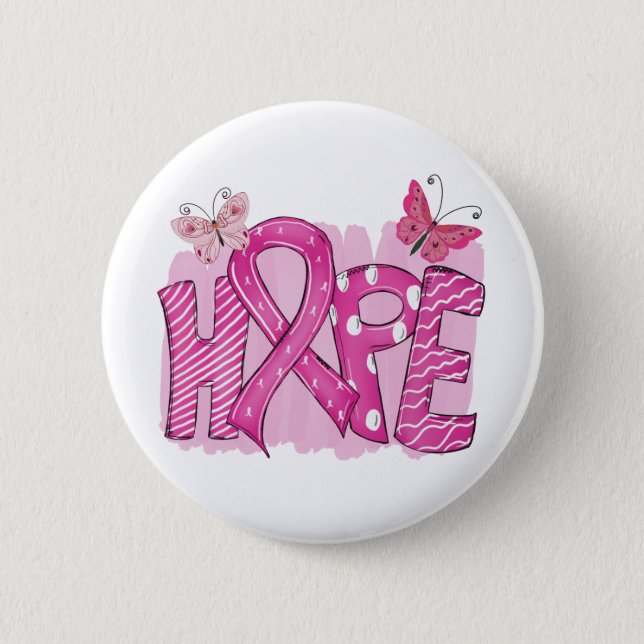 Pink Ribbon Fighter Hope Butterfly Breast Cancer 6 Cm Round Badge (Front)