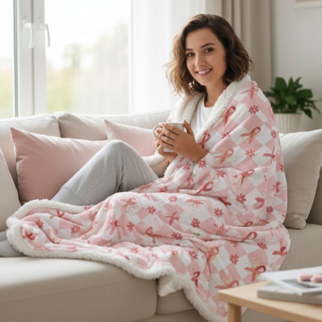 Pink Ribbon & Floral Chequered  Sherpa Blanket (Creator Uploaded)