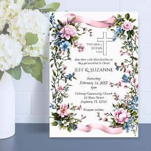 Pink Ribbon Floral Cross Two Become One  Invitation