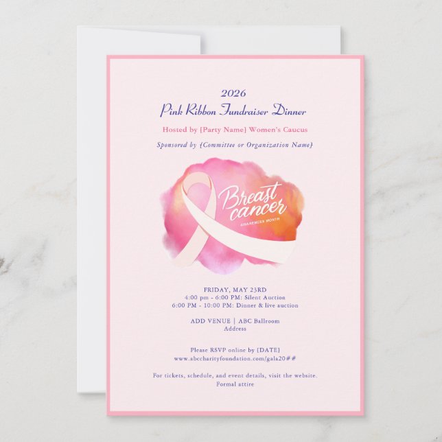 Pink Ribbon Formal Cancer Awareness Fundraiser Invitation (Front)