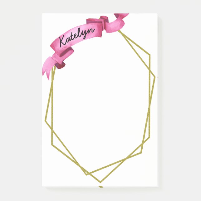 Pink Ribbon Gold Geometric Frame Personlized Post-it Notes (Front)