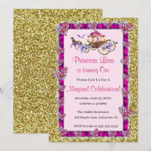 Pink Ribbon Gold Glitter Royal Princess Birthday Invitation