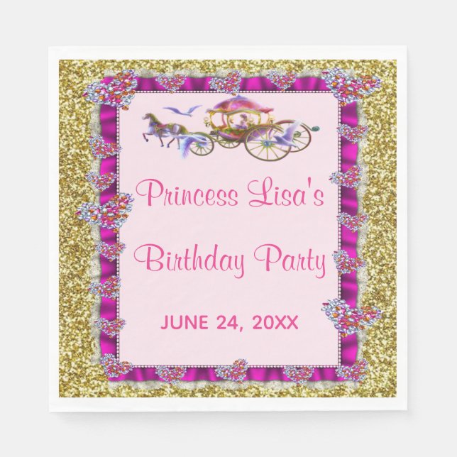Pink Ribbon Gold Glitter Royal Princess Birthday Napkin (Front)