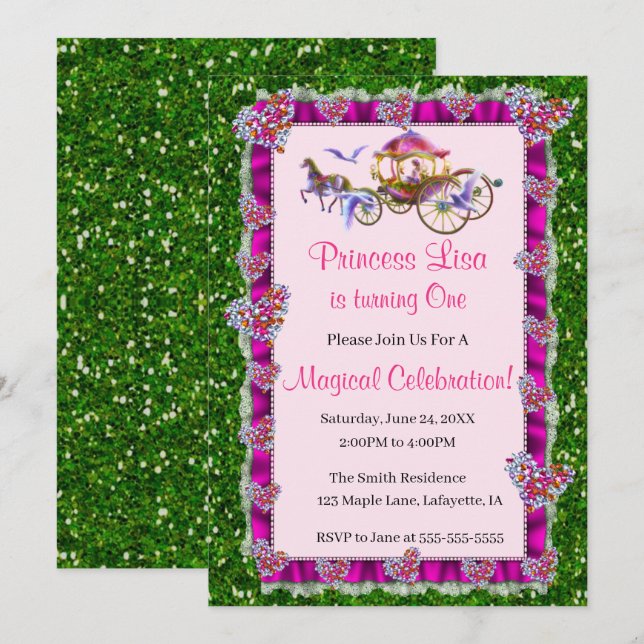 Pink Ribbon Green Glitter Royal Princess Birthday Invitation (Front/Back)