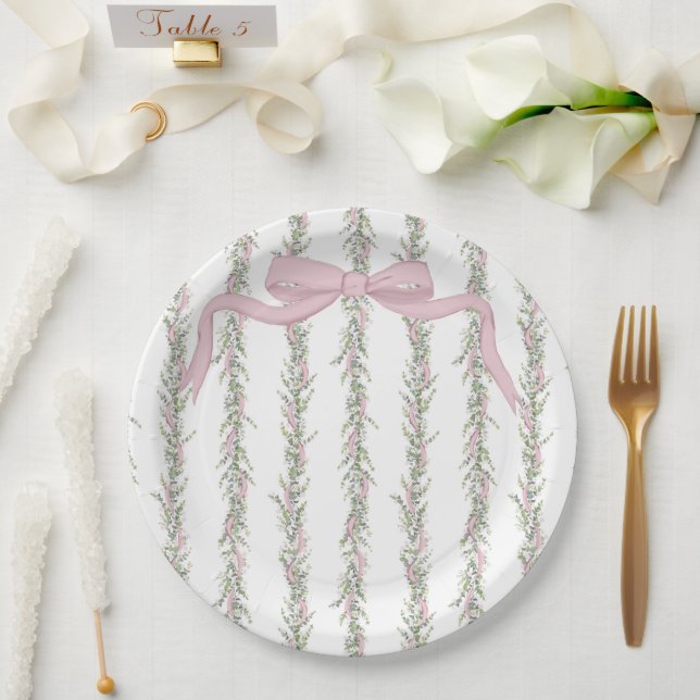 Pink Ribbon Greenery Elegant Baby Shower Paper Plate (Wedding)