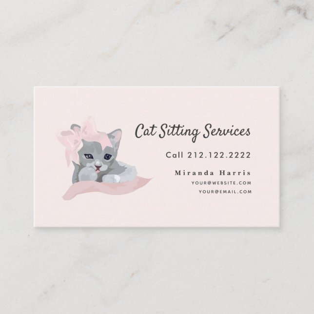 Pink Ribbon Grey Kitten Cat Sitting Business Card (Front)