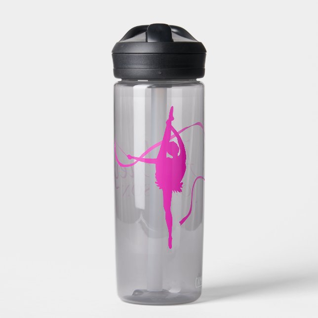 Pink ribbon gymnastics girls full custom name water bottle (Front)