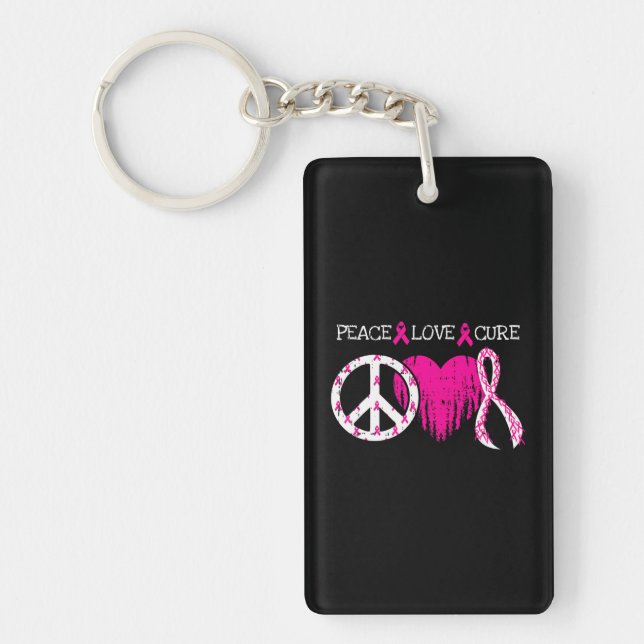 Pink Ribbon Heart Breast Cancer Inspirational Key Ring (Front)