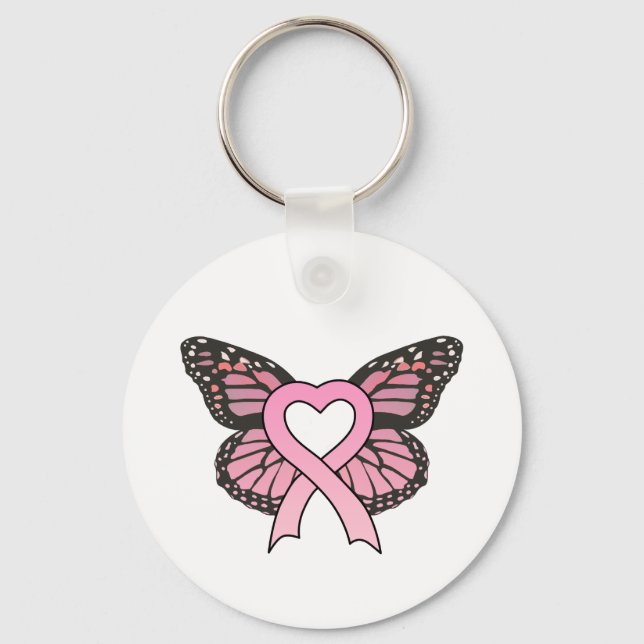 Pink Ribbon Heart Butterfly Keychain (Front)