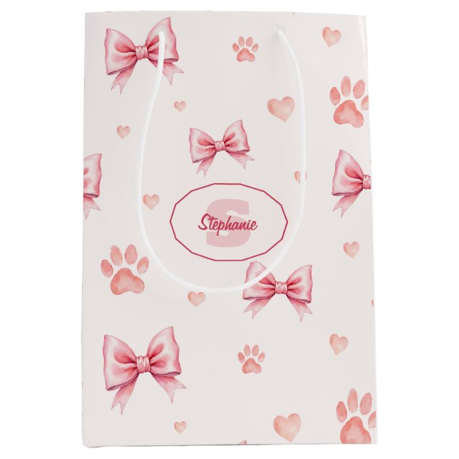 Pink Ribbon, Heart & Paw Print Pattern - Soft Pink Medium Gift Bag (Front)
