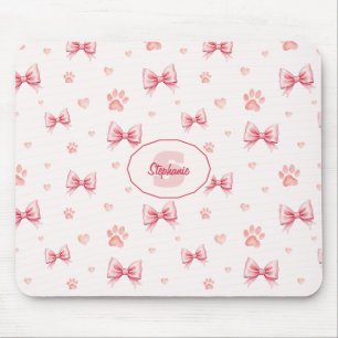 Pink Ribbon, Heart & Paw Print Pattern - Soft Pink Mouse Mat