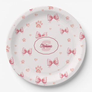 Pink Ribbon, Heart & Paw Print Pattern - Soft Pink Paper Plate