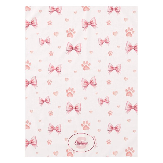Pink Ribbon, Heart & Paw Print Pattern - Soft Pink Tablecloth (Front)