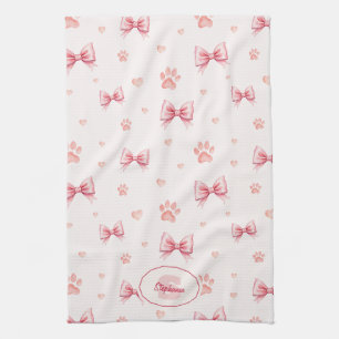 Pink Ribbon, Heart & Paw Print Pattern - Soft Pink Tea Towel