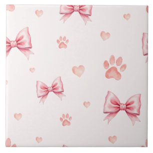 Pink Ribbon, Heart & Paw Print Pattern - Soft Pink Tile