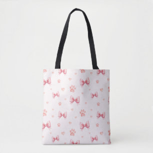 Pink Ribbon, Heart & Paw Print Pattern - Soft Pink Tote Bag