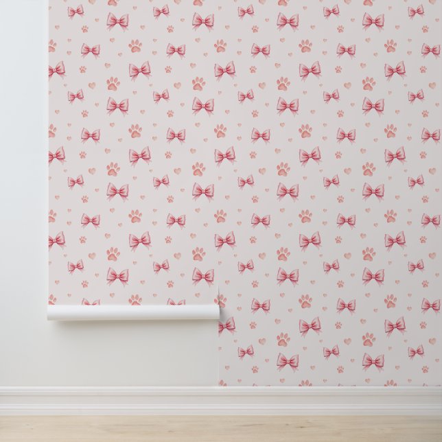 Pink Ribbon, Heart & Paw Print Pattern - Soft Pink Wallpaper (Application)