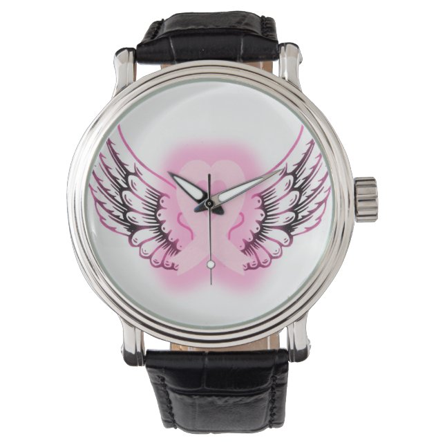 Pink Ribbon Heart Wings Watch/black Watch (Front)