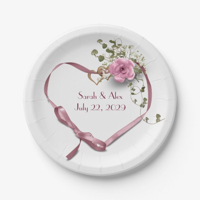 Pink Ribbon Heart with Rose  Paper Plate (Front)