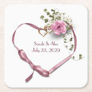 Pink Ribbon Heart with Rose Square Paper Coaster