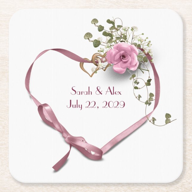 Pink Ribbon Heart with Rose Square Paper Coaster (Front)