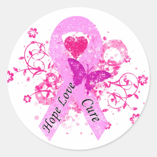 Pink Ribbon Hope Love Cure Classic Round Sticker (Front)