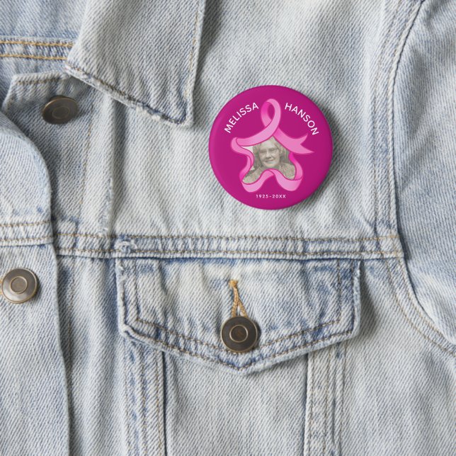Pink ribbon memory photo star name date 6 cm round badge (In Situ)